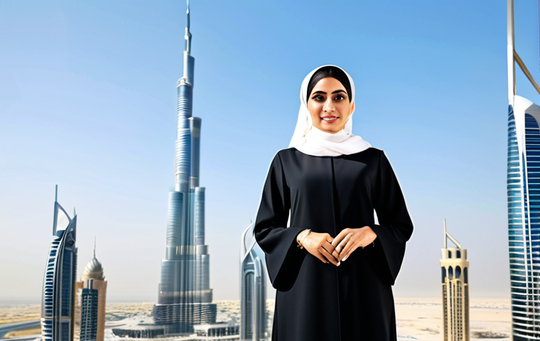 **Professional Businesswoman:** "A professional Arab businesswoman in a modest, tailored abaya-inspired business suit, standing confidently in a modern Dubai office with Burj Khalifa in the background, fully clothed, appropriate attire, safe for work, perfect anatomy, natural proportions, professional photography, high quality, bright sunny day."