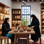 감정적 요소를 활용한 판매 촉진 전략 - A heartwarming scene depicting a local entrepreneur in an elegantly designed, modern Arabic-style bo...